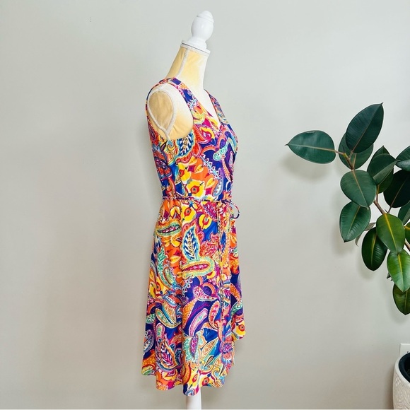 LAUREN RALPH LAUREN Paisley Dress Stretchy Surplice Sleeveless Tie Belt - Picture 4 of 8